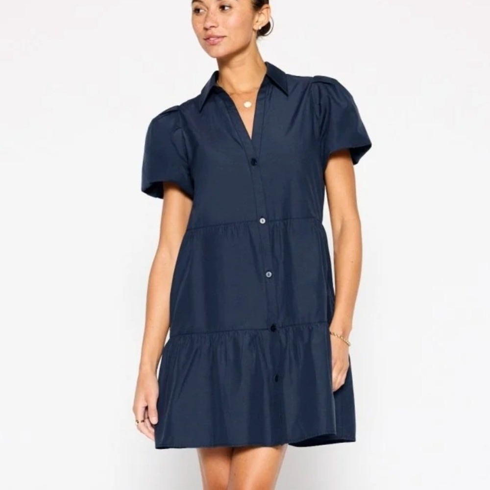 Brochu Walker Havana Mini Dress Small Navy Tiered Puff Sleeve Preppy Coastal - Picture 2 of 13